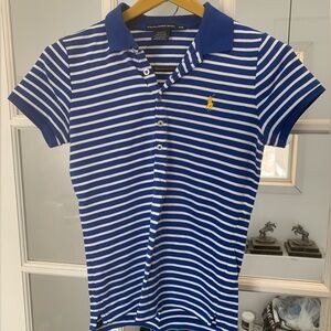 Ralph Lauren Blue and White Striped Polo Shirt with Yellow Pony